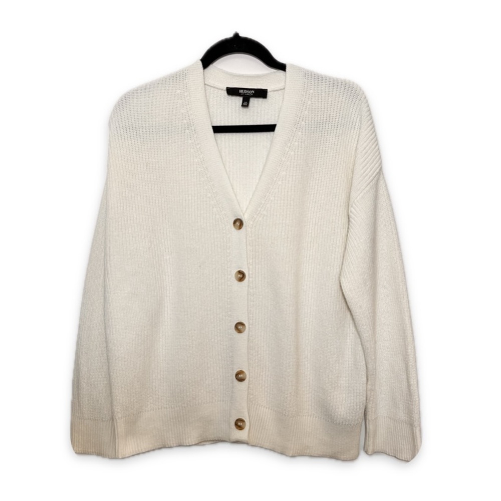 Hudson Cotton Cardigan Ribbed V-Neck Long Sleeve Button Down Ivory White Cream